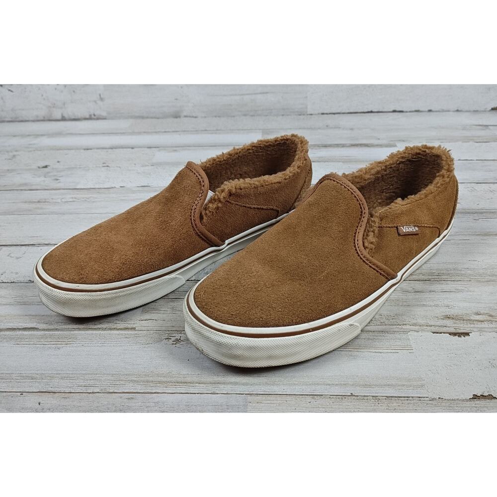 VANS ASHER Classic Slip-On Sherpa Style Lined Sneakers Brown Suede Women's Sz 8